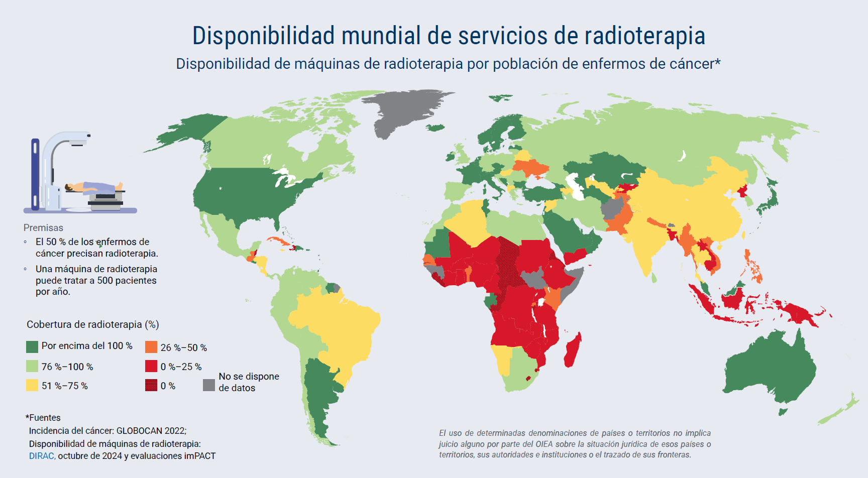 Mapa mundial del acceso a la radioterapia, que muestra la disponibilidad de equipos de radioterapia en relación con el número de personas con cáncer