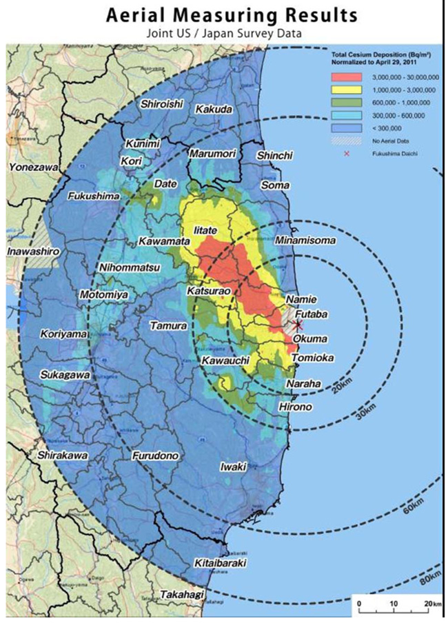  Map of deposition of radiocaesium (sum of Cs-134 and Cs-137) for the land area within 80 km of the Fukushima Daiichi plant, as reported by the Japanese authorities (MEXT)