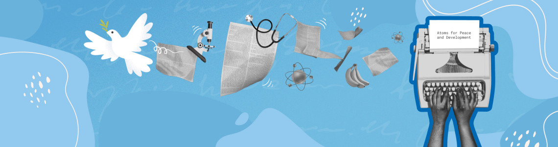 An image of a typewriter, a dove and other items related to peaceful uses of nuclear technology