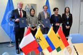 Rafael Mariano Grossi, IAEA Director-General, and Ambassador Gonzalo Gutierrez Reinel, Secretary General Andean Community (Communidad Andina) signs the Memorandum of Understanding between the International Atomic Energy Agency and the General Secretariat of the Andean Community (SGCAN) on Cooperation in the Area of the Peaceful Application of Nuclear Technology at the Agency headquarters in Vienna, Austria. 10 March 2025. Ministers present at the signing event are HE Ms. Laura Camila Sarabia Torres, Minister of Foreign Affairs of the Republic of Colombia, HE Ms. Gabriela Sommerfeld, Minister of Foreign Affairs and Human Mobility of the Republic of Ecuador and HE Ms. María Eugenia Echeverría Herrera, Resident Representative of the Republic of Peru.