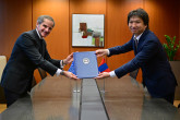 Ambassador Tsengeg Mijiddorj, Resident Representative of Mongolia to the IAEA, presents Mongolia’s Instrument of Ratification for the Convention of Nuclear Safety (CNS) and for the Amendment to the Convention on the Physical Protection of Nuclear Material (CPPNM) to IAEA Director General Rafael Mariano Grossi during his official visit at the Agency headquarters in Vienna, Austria. 25 April 2025.