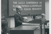 Henry Seligman, IAEA Deputy Director General, opening the 2nd Fusion Energy Conference in the Culham Lecture Theatre at Culham Laboratory, United Kingdom, 6 September 1965. 
Beyond him, John Cockcroft, 1951 Nobel Prize winner in Physics; John B. Adams, Director of Culham Laboratory; and Hannes O.G. Alfven, 1970 Nobel Prize winner in Physics. 
(IAEA Archives/Credit: UKAEA, United Kingdom)