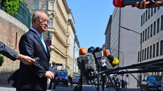 IAEA Director General Yukiya Amano addresses journalists before a meeting at the Coburg Palace in Vienna, where the P5+1 - Iran talks are taking place. 