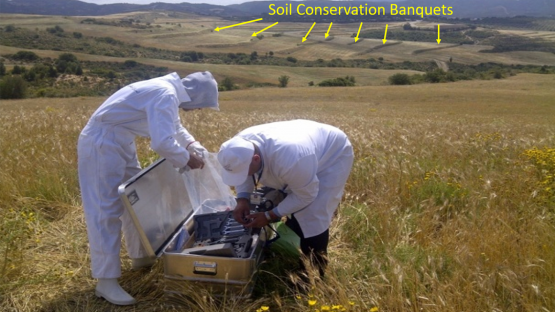 Tunisian research team in the field; traditional soil conservation ridges are visible in the background (Project RAF5075)