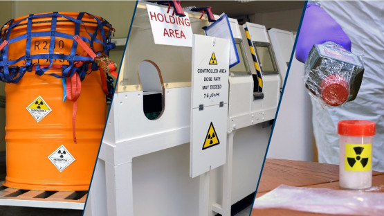 Three images showing examples of the radiation symbol being used in day to day life
