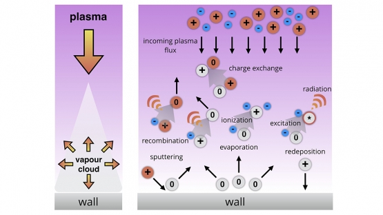 An illustration of the interactions between ions and neutrals in a plasma vapour shield.