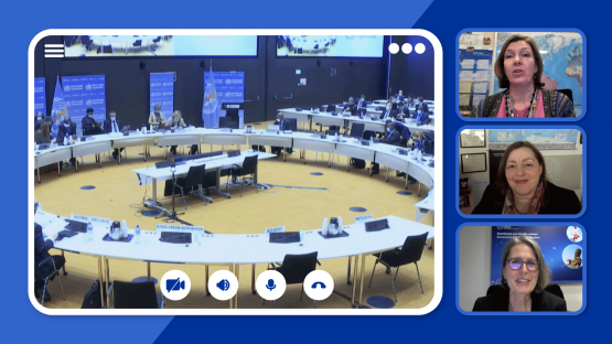 Lisa Stevens (Director IAEA PACT), May Abdel-Wahab (Director IAEA Division of Human Health) and Cornelia Loechl, Head of IAEA’s Nutritional and Health-Related Environmental Studies Section delivering the IAEA statements at the WHO Executive Board’s 150th 